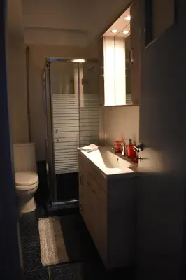 a bathroom with a toilet and a sink and a shower at Katzen Room by the Metro in Athens