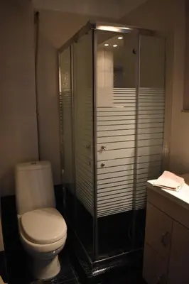 a bathroom with a toilet and a glass shower at Katzen Room by the Metro in Athens