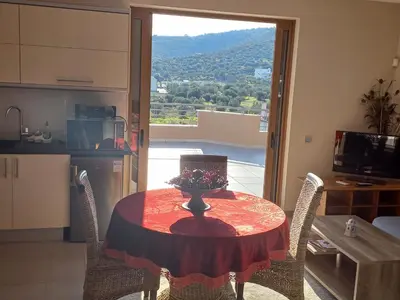 a table with a bowl of flowers on it in a kitchen at Calmness Near the City in Metókhi