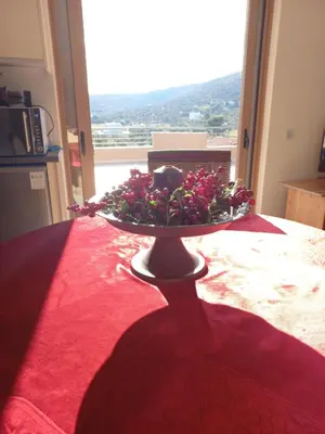 a bowl of flowers sitting on top of a table at Calmness Near the City in Metókhi