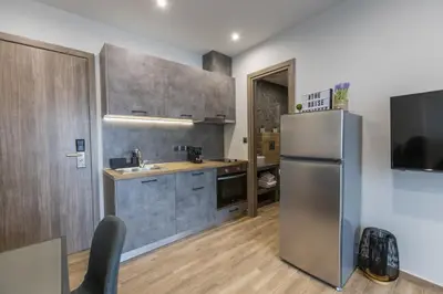 a kitchen with a stainless steel refrigerator and a sink at Athens Raise Acropolis Project in Athens