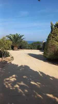 an empty sidewalk with palm trees on the side at MARFAIA - Villa by the sea in Áyioi