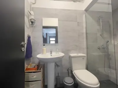 a bathroom with a toilet and a sink and a shower at Virginia's Boutique Apartments in Athens