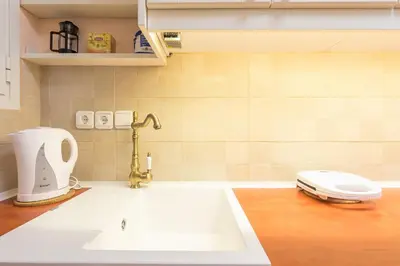 a kitchen with a sink and a toilet on a counter at Thissio Cocoon in Athens