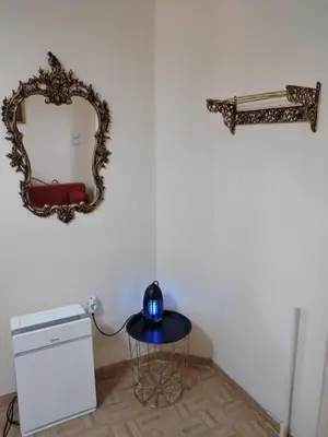 a room with a mirror on the wall and a table at Perikleous Apartment in Athens