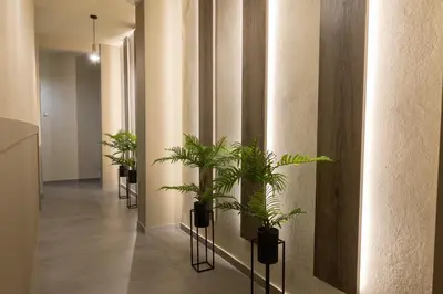a hallway with a row of potted plants on the wall at NOHO Boutique , premium living Dikeou 8 in Athens