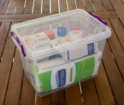 a plastic container sitting on top of a wooden table at Apartment in Peania (15min from Airport) in Paianía