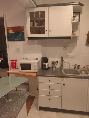 a kitchen with a sink and a microwave on a counter at Athens Riviera apt with seaview, 15' to Acropolis in Athens