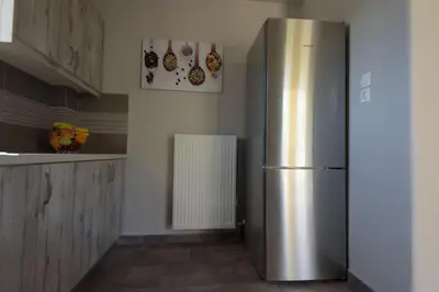 a kitchen with a stainless steel refrigerator at Andriana' s apartment Agia Paraskevi in Athens