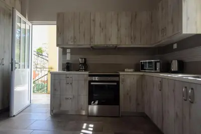 a kitchen with wooden cabinets and a stainless steel oven at Andriana' s apartment Agia Paraskevi in Athens