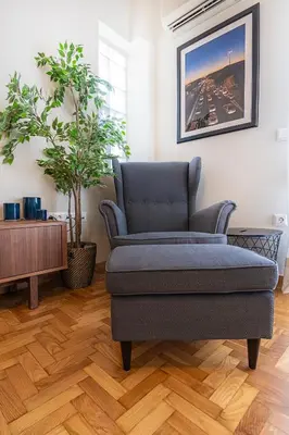 a living room with a couch and a potted plant at Photographers House in Athens