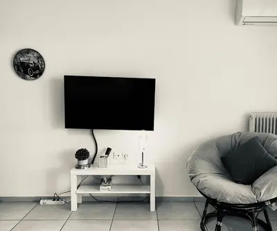 a living room with a couch and a tv on a wall at Elenis Athens Apartment in Athens