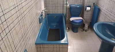 a bathroom with a blue toilet and a sink at Cosy apartment in Chalandri in Athens