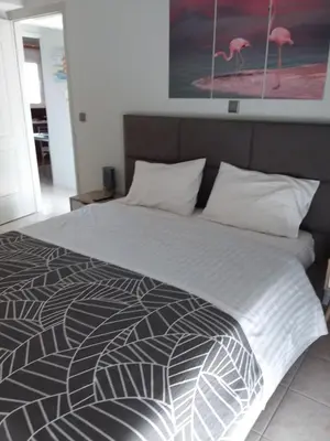 a bed with a black and white comforter in a bedroom at Gazi view apartments #1 in Athens