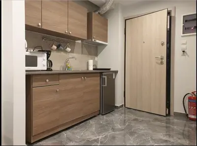 a kitchen with wooden cabinets and a microwave and a door at COZY Studio, Athens city center in Athens