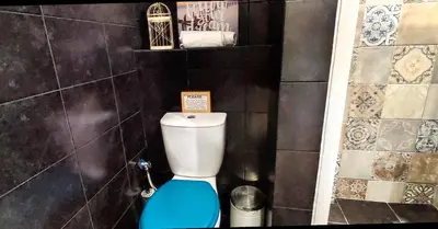 a bathroom with a toilet with a blue seat at AS Athens Central Cozy Apartment 2 in Athens