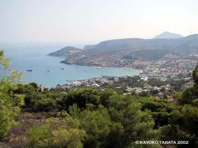 a view of a bay with boats in the water at Artemis Rooms in Agia Marina Aegina