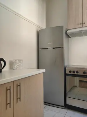 a kitchen with a stainless steel refrigerator in it at Demetra - Koukaki center apartment in Athens