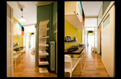 two pictures of a room with a room with yellow at Startupper's Pad in real Athenian neighbourhood in Athens