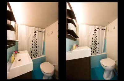 two pictures of a bathroom with a toilet and a sink at Startupper's Pad in real Athenian neighbourhood in Athens