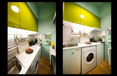 two pictures of a kitchen with a washing machine at Startupper's Pad in real Athenian neighbourhood in Athens