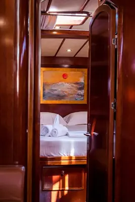 an open door to a bedroom with a bed at Boat Aiolis in the Athenian Riviera! in Athens