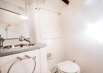 a bathroom with a sink and a toilet at Boat Aiolis in the Athenian Riviera! in Athens