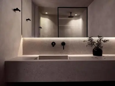 a bathroom with a sink and a mirror at Urban Stripes Athens in Athens