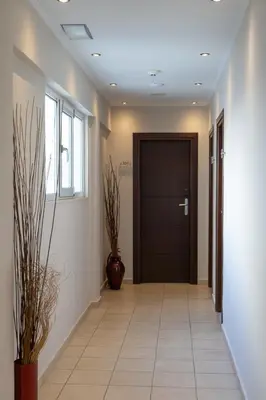 a hallway with a door and potted plants in a building at HOTEL HILL in Athens