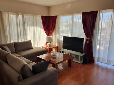a living room with a couch and a flat screen tv at Luxury Athenian Riviera Apartment 135 sqm at Voula in Athens