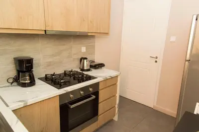 a kitchen with a stove top oven next to a refrigerator at Gazi District Next To Subway 2 in Athens