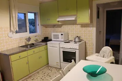 a kitchen with green cabinets and a white stove top oven at Vravrona Sea View Country House near Athens in Vravrona