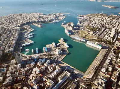 an aerial view of a harbor in a city at GRAND BLUE SUITE DI GIORGIO 10min from Piraeus port in Piraeus
