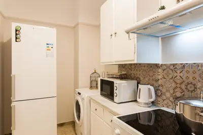 a kitchen with a white refrigerator and a microwave at Syntagma private sweet safe double rooms with shared bathroom in Athens