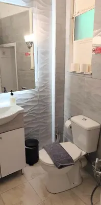 a bathroom with a toilet and a sink and a mirror at Comfortable apartment in Acropolis in Athens