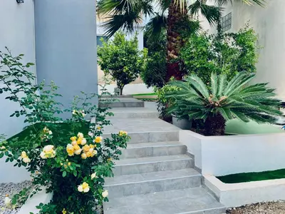 a set of concrete stairs with plants and flowers at Thelfi Luxury studio in Attica - close to varkiza beach - Sea view in Vari