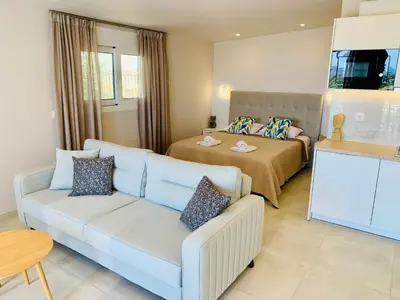 a living room with a couch and a bed at Thelfi Luxury studio in Attica - close to varkiza beach - Sea view in Vari