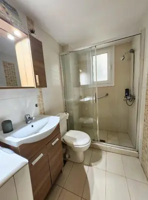 a bathroom with a shower and a toilet and a sink at Lycabettus Edge in Athens