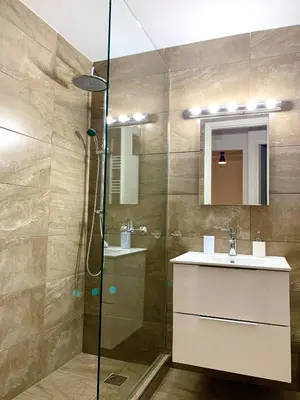 a bathroom with a shower and a sink and a mirror at Kallimarmaro 2-Bedroom Apartment in Athens