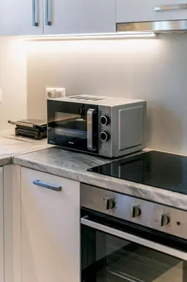 a microwave oven sitting on top of a kitchen counter at Boutique77 Luxury Apartment in Athens