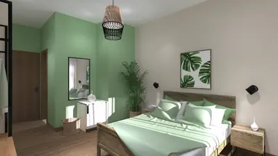 a green bedroom with a bed and a mirror at Aethon Airport Project-FREE SHUTTLE by GK Properties in Markopoulo