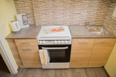 a kitchen with a stove and a sink at Cozy renovated flat in Koukaki in Athens