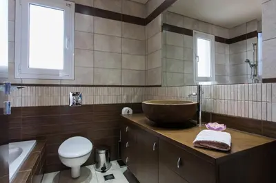 a bathroom with a bowl sink and a toilet at Unique Villa Melia Lagonisi in Kalívia Thorikoú