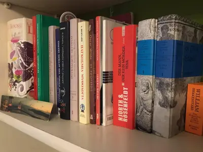 a row of books sitting on a shelf at Kokos Traditional Family House in Sounio