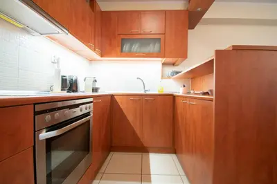 a small kitchen with wooden cabinets and a sink at Homey Penthouse in Kypseli in Athens