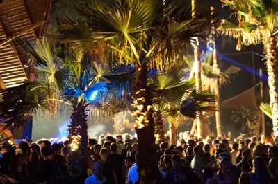 a crowd of people standing in front of palm trees at Two Bedroom Apartment Near Alimos Marina ! in Athens