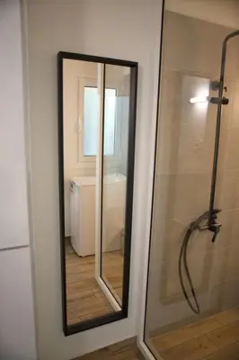 a mirror on a wall next to a shower at Aroura Homes Garden House 2BR 2BA Free Parking in Athens
