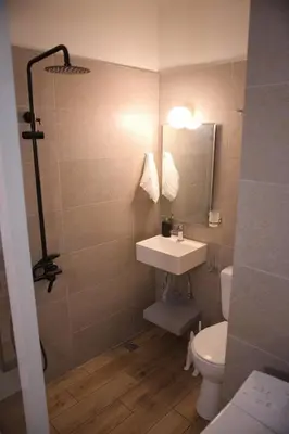 a bathroom with a sink and a toilet at Aroura Homes Garden House 2BR 2BA Free Parking in Athens