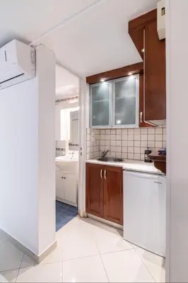 a kitchen with wooden cabinets and white appliances at Studio in the city center, Syntagma in Athens