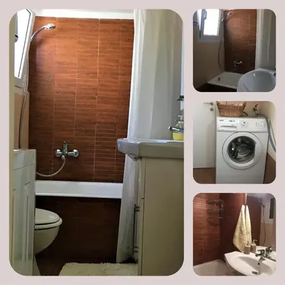 a collage of pictures of a bathroom with a toilet and sink at Cozy Studio by seaside and tram in Athens